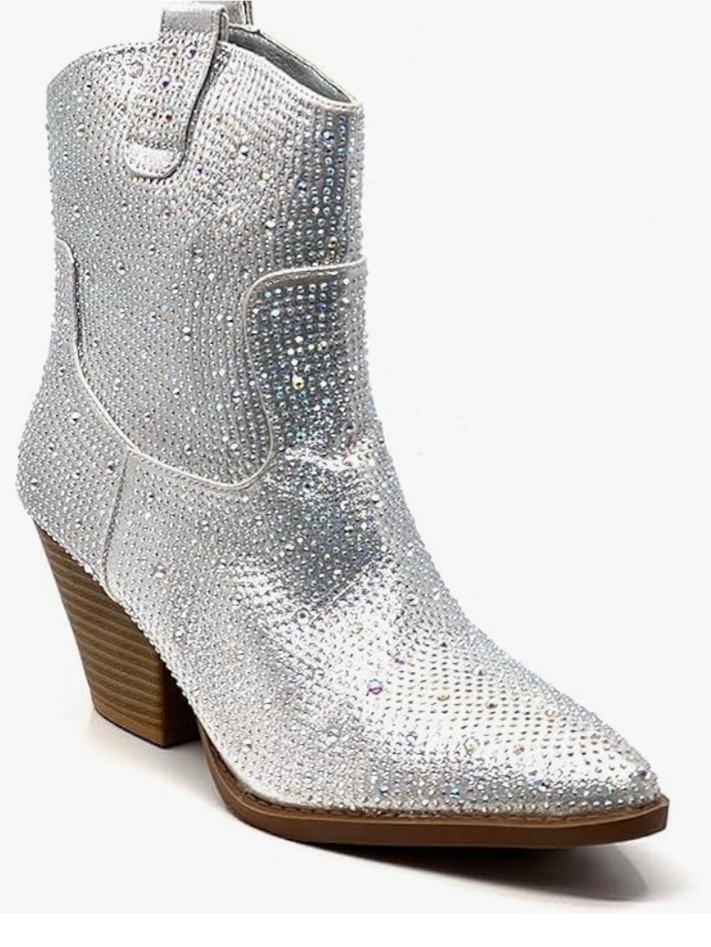 Crystal-Embellished Silver Western Ankle Boot with Block Heel
